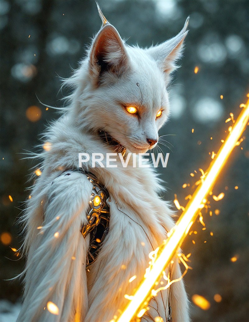 A white anthropomorphic feline with glowing eyes and mechanical armor, wielding a glowing weapon amid sparks in a dark, forested background.